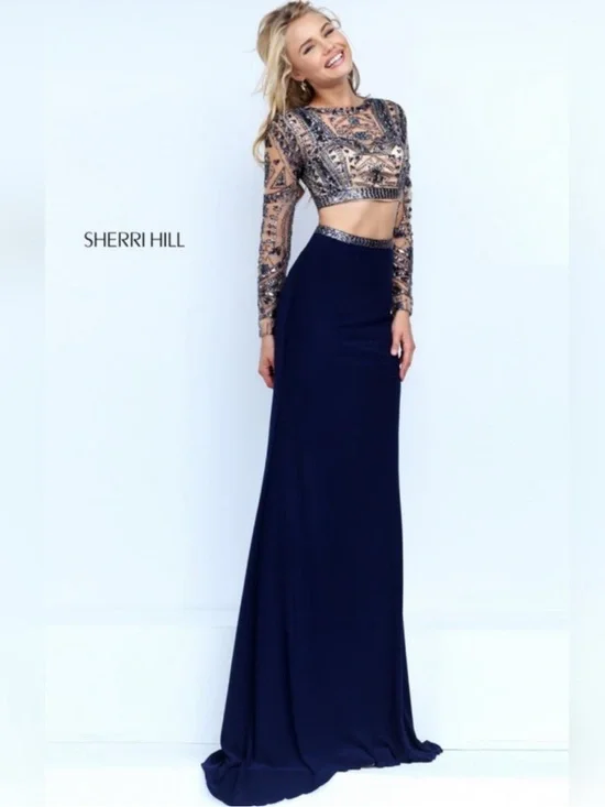 Prom Gown Sherri Hill 2 piece Navy Sequin 8 Mesh - Picture 3 of 8